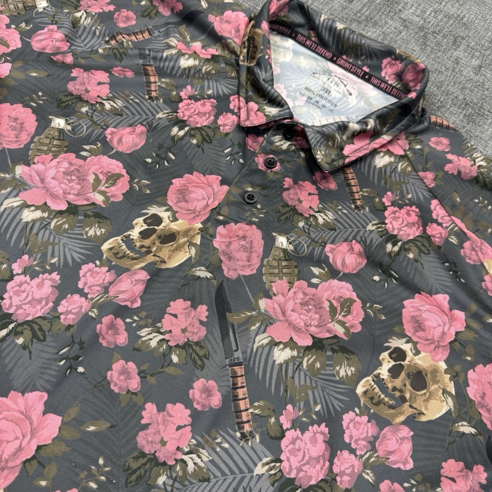 Grunt Style Polo Shirt Mens 3XL Gray Pink Skull Floral Tactical Performance Golf